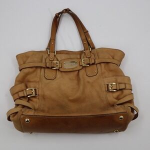 Michael Kors Tote Bag Large Tan Leather Python Embossed Gold Buckle Satchel
